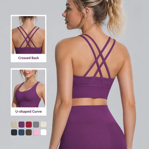 Women Criss-Cross Back Sports Bra Shockproof Naked Feel Yoga Vest Nylon Spandex Tight Fitness Workout Activewear Top