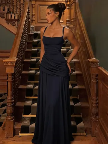 Vestido Largo Elegante para Mujer Sin Mangas Cuello Cuadrado Cordones Espalda Bodycon Color Sólido Vestido de Noche Fruncido Fiesta Banquete
