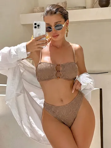 Women Sexy High Waist Bikini Set Crochet Bandeau Top And Bottom Swimsuit Vacation Beachwear Solid Color Nylon Swimwear