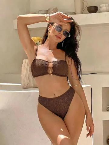 Women Sexy High Waist Bikini Set Crochet Bandeau Top And Bottom Swimsuit Vacation Beachwear Solid Color Nylon Swimwear