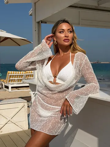 Women Sexy Cowl Neck Sequin Mesh Long Sleeve Cover-up With Bikini Top And Bottom Beach Vacation Swimwear