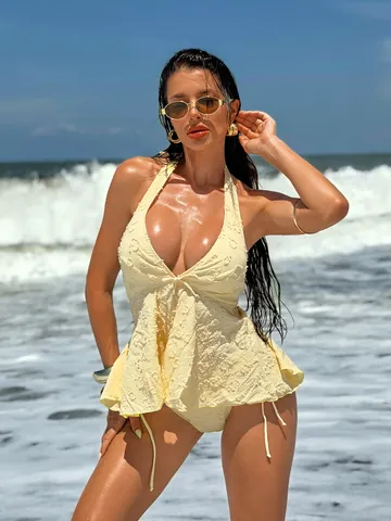 Women's Tankini Swimsuit Textured Floral Halter Top And Bottom Sexy Backless Two Piece Bathing Suit Beachwear Swimwear