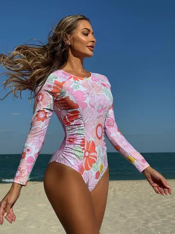 Women Long Sleeve One-Piece Swimsuit Vintage Floral Print Front Zipper Surfing Rash Guard Sun Protection Swimwear