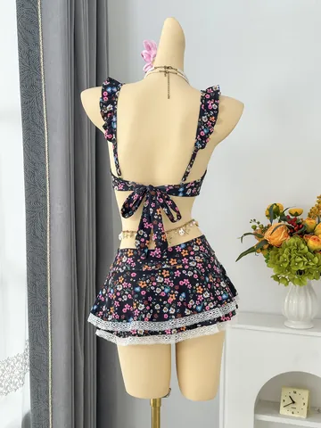 Women Floral Ruffle Bikini Set Lace Trim Skirted Bottom Top And Bottom Fresh Beach Holiday Two Piece Swimsuit For Ladies