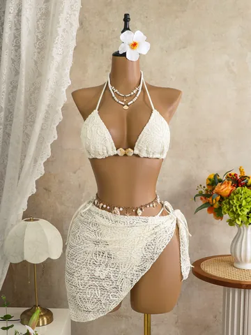 Sexy Three Piece Bikini Set For Women With Sarong Beach Wrap Abstract Print Swimsuit Halter Top And Bottom Island Resort Wear