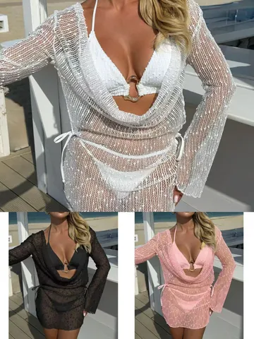 Women Sexy Cowl Neck Sequin Mesh Long Sleeve Cover-up With Bikini Top And Bottom Beach Vacation Swimwear