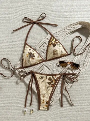 Conjunto de Bikini para Mujer Sexy Bordado Floral de Lentejuelas Halter Triángulo Traje de Baño de Dos Piezas Beachwear Top Y Bottom
