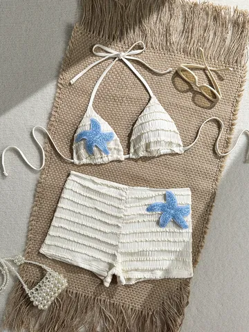Conjunto de Bikini Halter Sexy para Mujer Traje de Baño de Dos Piezas con Estrella de Mar de Lentejuelas y Textura Arrugada con Pantalón Corto Top And Bottom