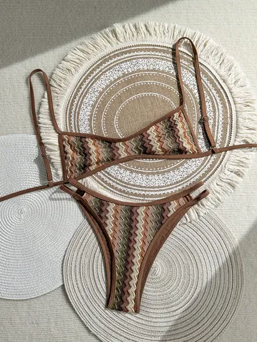 Set Bikini Boho da Donna all'Uncinetto Costume da Bagno Due Pezzi Vintage a Zigzag Abbigliamento Mare Top And Bottom