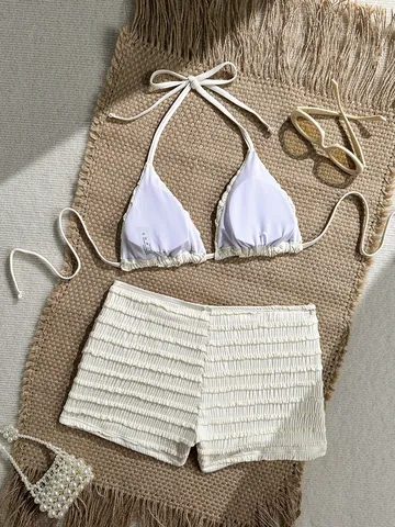 Conjunto de Bikini Halter Sexy para Mujer Traje de Baño de Dos Piezas con Estrella de Mar de Lentejuelas y Textura Arrugada con Pantalón Corto Top And Bottom