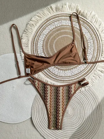 Set Bikini Boho da Donna all'Uncinetto Costume da Bagno Due Pezzi Vintage a Zigzag Abbigliamento Mare Top And Bottom