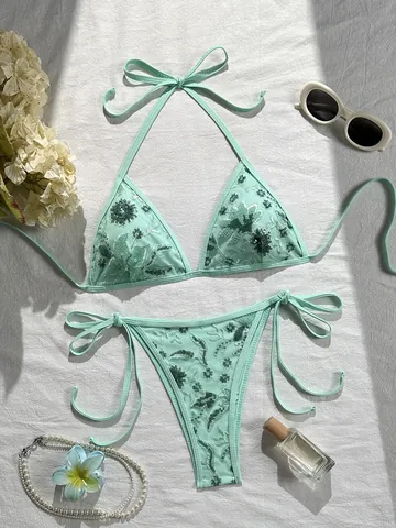 Conjunto de Bikini para Mujer Sexy Bordado Floral de Lentejuelas Halter Triángulo Traje de Baño de Dos Piezas Beachwear Top Y Bottom