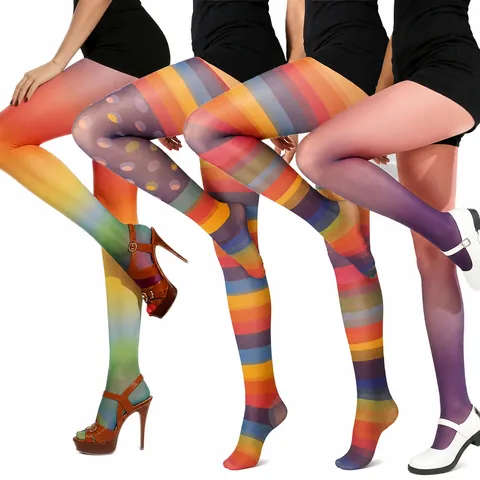 Collants Arc-en-ciel à Rayures Dégradées pour Femmes 20D Ultra Fins Nylon Élasthanne Collants pour Fête Style Dopamine Japonais