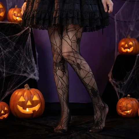 Collants Résille Sexy d'Halloween pour Femmes Motif Toile d'Araignée et Crâne Gothique Jacquard Nylon Bas Ajourés pour Fête