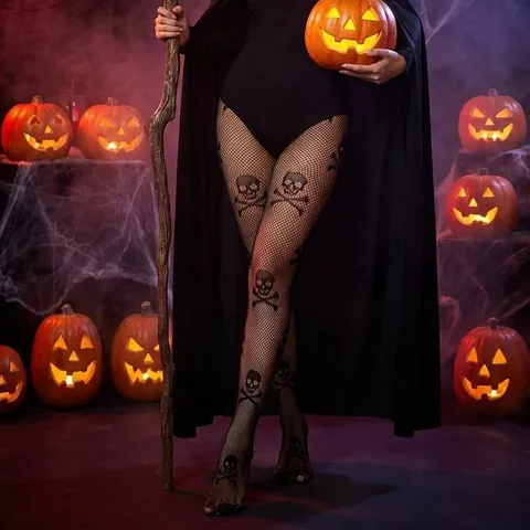 Collants Résille Sexy d'Halloween pour Femmes Motif Toile d'Araignée et Crâne Gothique Jacquard Nylon Bas Ajourés pour Fête