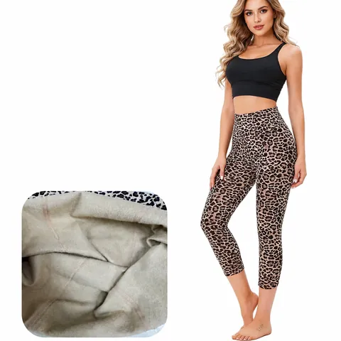 Women's Casual Leopard Print Digital Printed Capri Leggings Fleece Lined Slim Fit High Waist Bottom For Spring Autumn