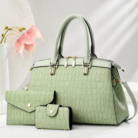 Women's Croc Embossed Boston Handbag With Pouch And Card Holder Large Capacity PU Leather Commute Tote Crossbody Bag