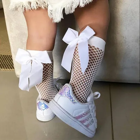 Girls Bow Knee High Fishnet Socks Hollow Out Princess Style Nylon Breathable Mesh Socks For Party Wedding Kids Fashion Leg Warmers