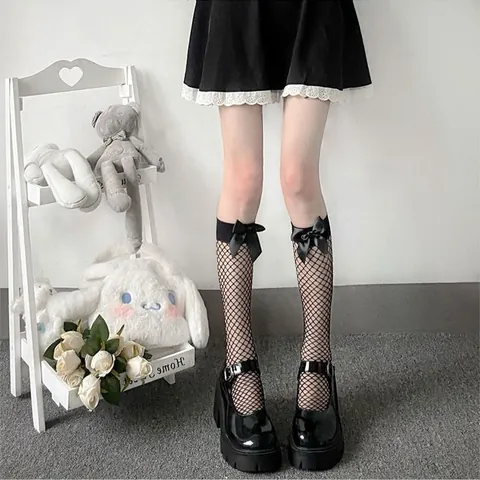 Women Plus Size Bowknot Over The Knee Fishnet Stockings Lolita JK Style Sexy Lace Mid-Calf Socks Mesh Hosiery