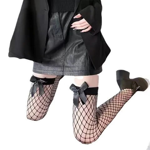 Women Plus Size Bowknot Over The Knee Fishnet Stockings Lolita JK Style Sexy Lace Mid-Calf Socks Mesh Hosiery