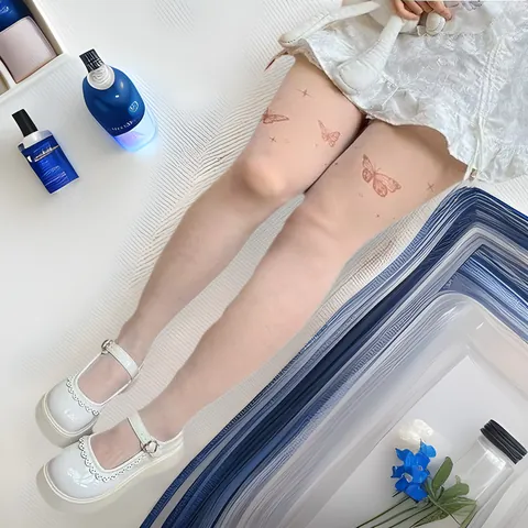 Medias Transparentes con Tatuaje de Mariposa para Mujer Poliéster Anticarreras Finas Estilo Dulce Leggings de Moda