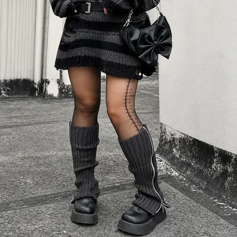 Y2K Women Flare Zipper Leg Warmers Thin Knitted Slouch Socks Mesh Calf Socks Punk Style Streetwear Accessories