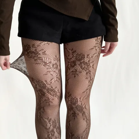 Vintage Hollowed Floral Pattern Fishnet Stockings For Women Y2K Sexy Jacquard Tights Summer Thin Breathable Nylon Hosiery