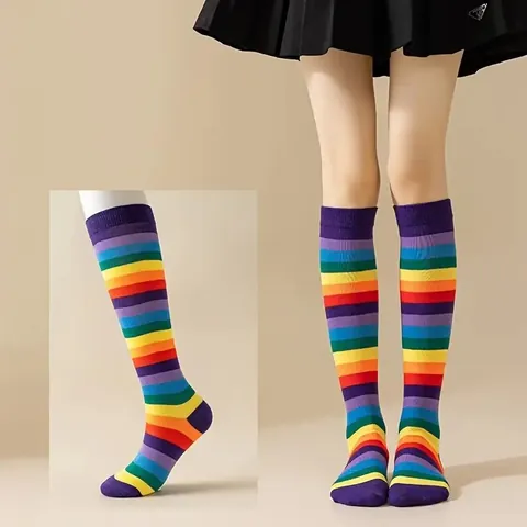 Women Rainbow Striped Over Knee Socks Breathable Cotton Thigh High Stockings For Halloween Dance Costume Casual Daily Wear