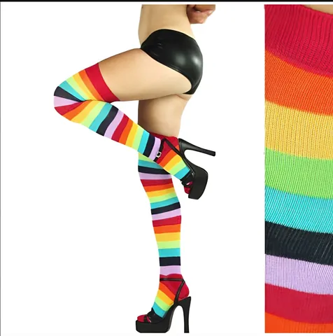 Dopamine Style Rainbow Striped Over The Knee High Tube Socks Cotton Breathable Casual Socks For Women Men Cosplay Party