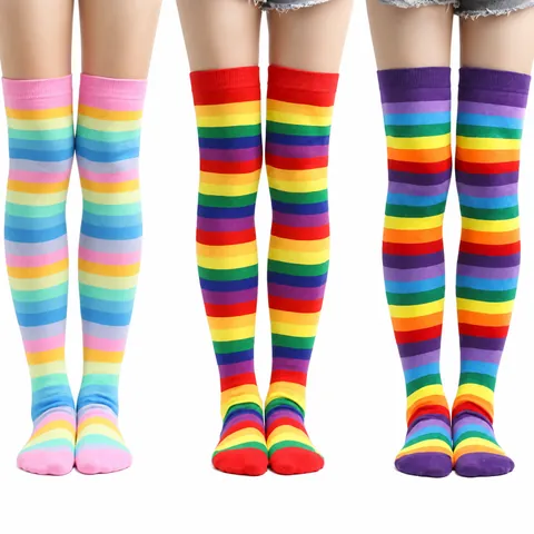 Dopamine Style Rainbow Striped Over The Knee High Tube Socks Cotton Breathable Casual Socks For Women Men Cosplay Party