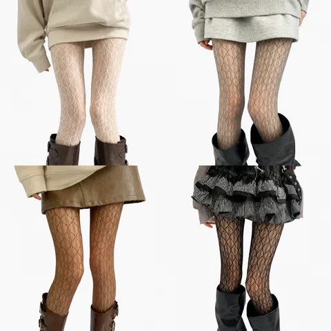 Women Sexy Diamond Pattern Hollow Out Mesh Pantyhose Thin Lace Nylon Tights Retro Vertical Stripes Bottom Hosiery For Party