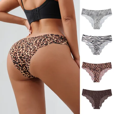 Women's Seamless Mid-Waist Panties Breathable Sporty Leopard Zebra Animal Print Briefs Scalloped Edge Lingerie Bottom
