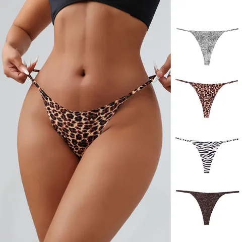Women's Sexy Leopard Zebra Animal Print Thong Panties Nylon Ice Silk Low Waist Seamless T-Back Bikini Bottom For Women