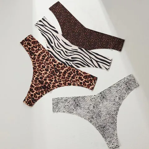 Women's Sexy Seamless Thong Athletic Yoga Leopard Zebra Print Breathable Mid Waist Plus Size Nylon Panties Bottom