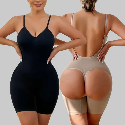 Seamless Body Shaper Bodysuit For Women Open Back Butt Lifting Tummy Control Spaghetti Strap Ribbed Slimming Shapewear Jumpsuit
