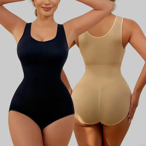 Women Seamless Tummy Control Shapewear Bodysuit Ribbed Sleeveless Round Neck Body Shaping Top And Bottom For Daily Wear