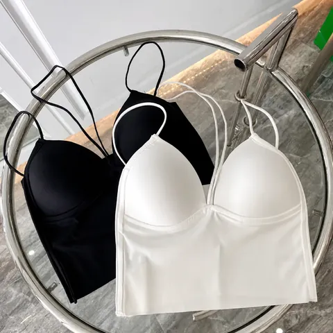 Damen Sexy Tiefer V-Ausschnitt Neckholder Camisole Eisseide Rückenfrei Bralette Nahtloses Crop Top Mit Festen Körbchen Sommer Streetwear