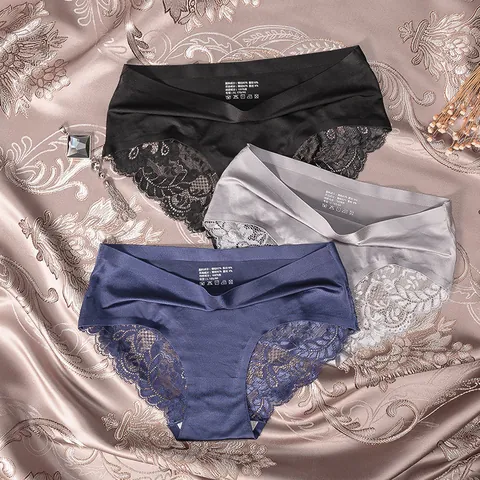 Culottes Sans Couture en Soie Glacée pour Femmes Sexy Dentelle Taille Basse Slips Respirant Lingerie Tissu Polyamide Couleur Unie