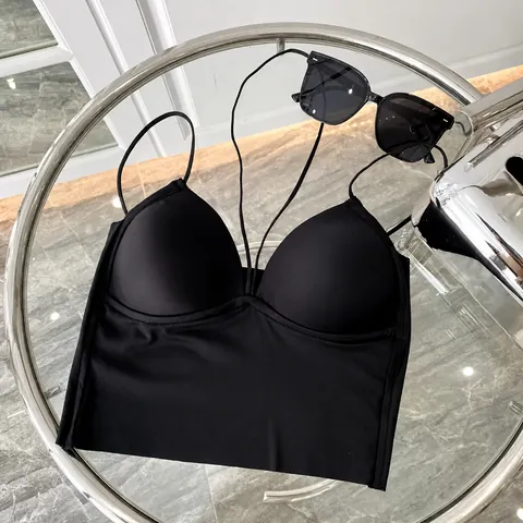 Damen Sexy Tiefer V-Ausschnitt Neckholder Camisole Eisseide Rückenfrei Bralette Nahtloses Crop Top Mit Festen Körbchen Sommer Streetwear