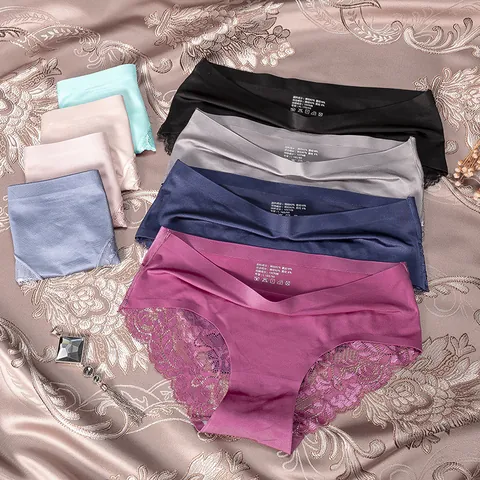 Culottes Sans Couture en Soie Glacée pour Femmes Sexy Dentelle Taille Basse Slips Respirant Lingerie Tissu Polyamide Couleur Unie