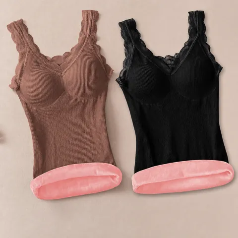 Women Lace Strap Thermal Vest Fleece Lined Thickened Slim Fit Sleeveless Tank Top Solid Color Warm Winter Base Layer Top