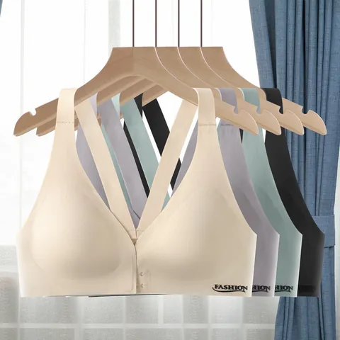 Women's Seamless Front Buckle Wireless Bra V-Neck Push Up Breathable Underwear Everyday Sports Lingerie Bralette With Detachable Pads