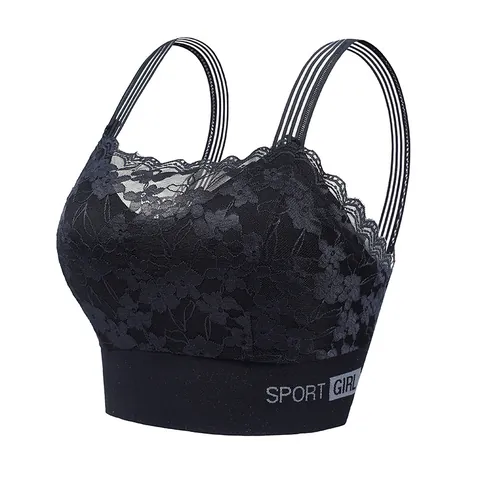 Women Sexy Floral Lace Backless Camisole With Chest Pads Sport Girl Letter Hem Anti-Exposure Underwear Top