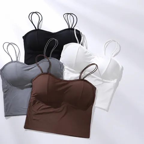 Women Seamless Ice Silk Camisole Padded Push Up Bra Vest Top With Big U-Back Thin And Thick Cup Nylon Underwear
