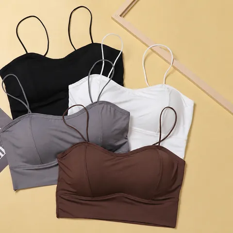 Women Ice Silk Camisole Bralette Push Up Thick Padding Seamless Deep U Back Thin Straps Bra Top Sleeveless Lingerie