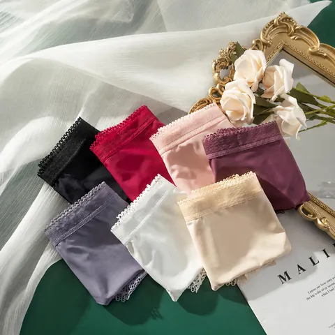 Women Seamless Ice Silk Lace Panties Mid-Waist Breathable Sexy Hollow Out Briefs with Antibacterial Cotton Crotch