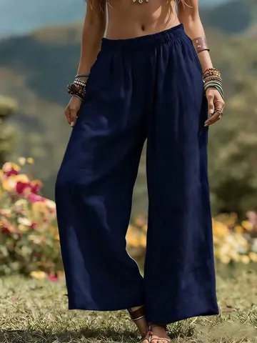 Damen Casual Weite Hose Einfarbig Elastische Hohe Taille Lockere Hose Boho Urlaub Style Sommer Pendeln Unterteil