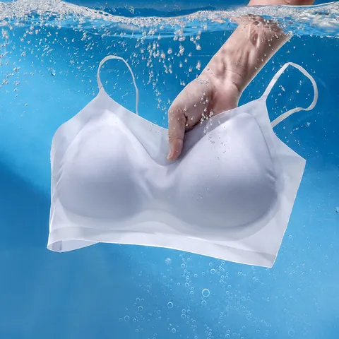 Women Seamless Ice Silk Bralette Wireless Gather Push Up Fixed Cup Camisole Thin Tank Top Breathable Lingerie For Summer