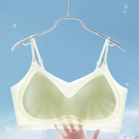 Women Seamless Ice Silk Bralette Wireless Gather Push Up Fixed Cup Camisole Thin Tank Top Breathable Lingerie For Summer