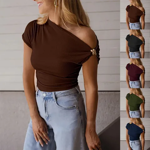 Damen Slim Fit Geripptes Polyester T-Shirt Einfarbig Asymmetrisches Schulterfreies Top Mit Metallring Dekoration Casual Kurzarm Tee
